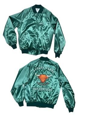 Vintage 70s 80s Green Satin Bomber Starter Jacket Embroidered Bull Farm Medium